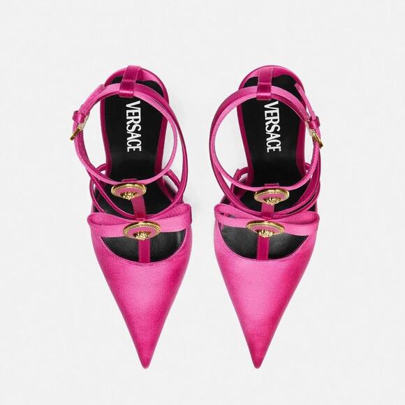 NIB Versace Gianni Ribbon 38.5 US 8.5 Pumps Fuchsia Cage Satin Ankle Strap $1325 - Picture 2 of 16